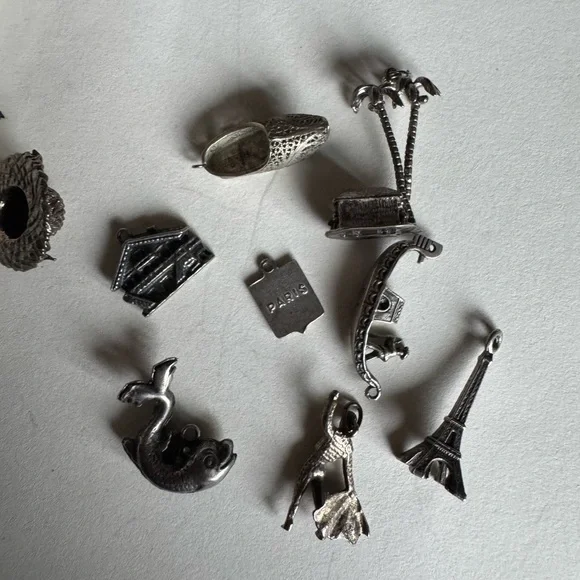 9pc Sterling Silver and silver tone travel charm collection bundle